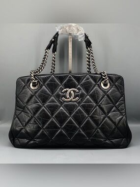 Chanel Quilted Aged Calfskin Crown Tote Bag Black SHW